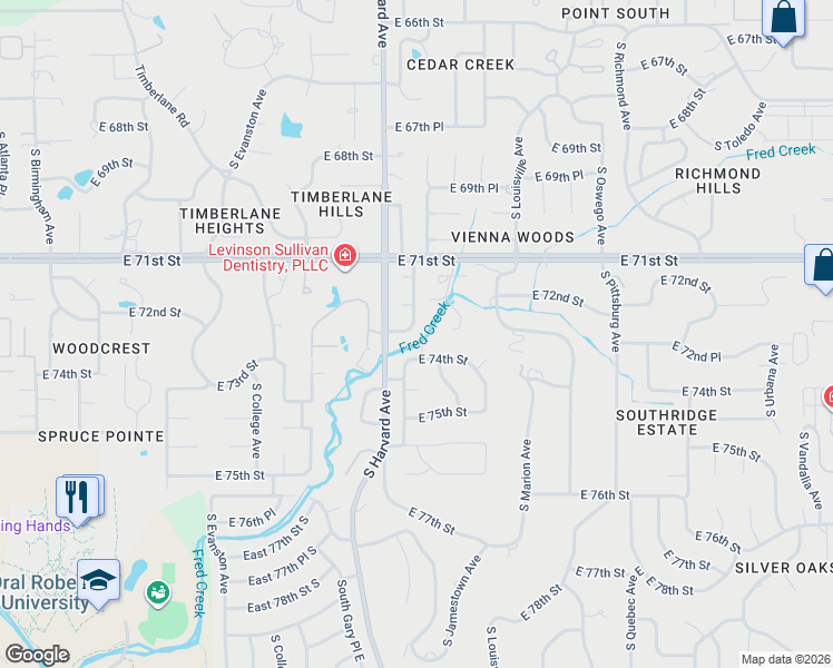 map of restaurants, bars, coffee shops, grocery stores, and more near 3324 East 73rd Street in Tulsa