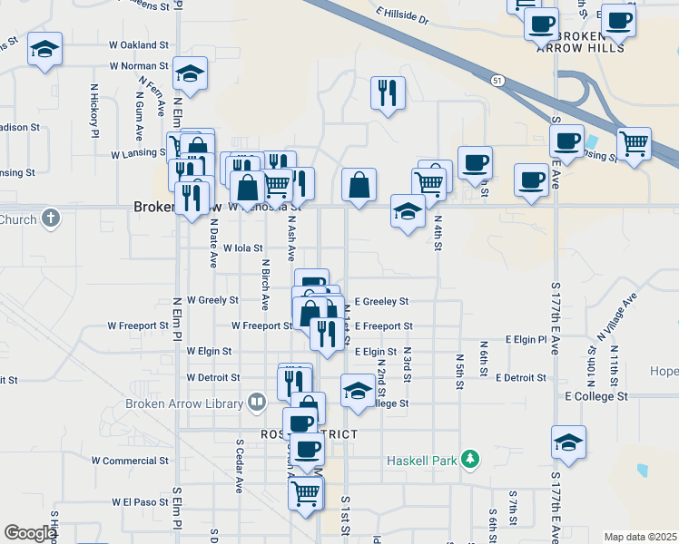 map of restaurants, bars, coffee shops, grocery stores, and more near 710 North 1st Street in Broken Arrow