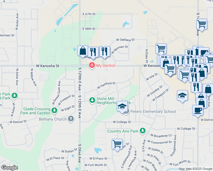 map of restaurants, bars, coffee shops, grocery stores, and more near 3201 West Hartford Street in Broken Arrow