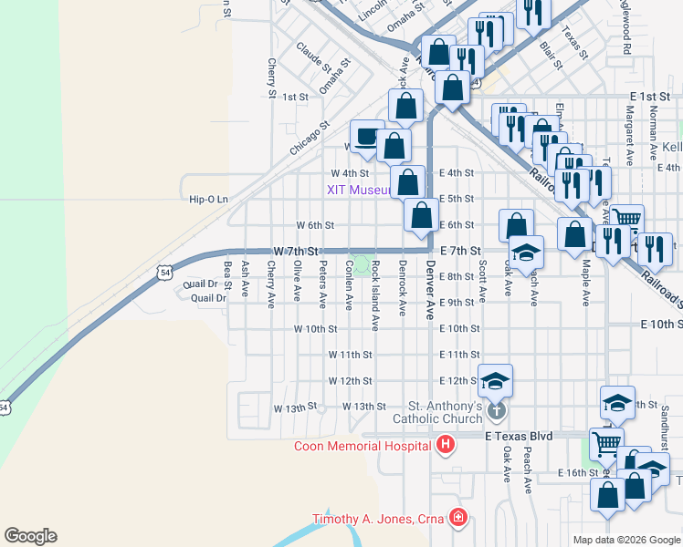 map of restaurants, bars, coffee shops, grocery stores, and more near 721 Peters Ave in Dalhart