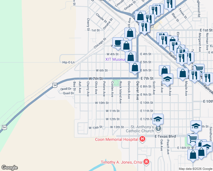 map of restaurants, bars, coffee shops, grocery stores, and more near 721 Peters Ave in Dalhart