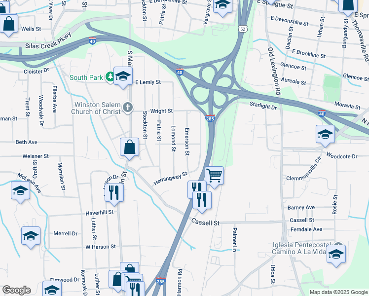 map of restaurants, bars, coffee shops, grocery stores, and more near 2900 Emerson Street in Winston-Salem