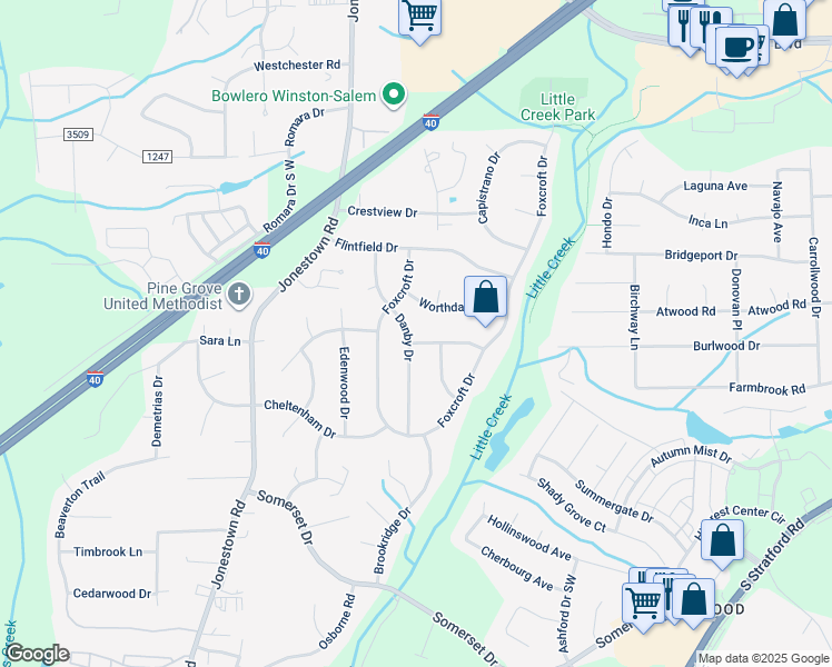 map of restaurants, bars, coffee shops, grocery stores, and more near 201 Montpelier Drive in Winston-Salem