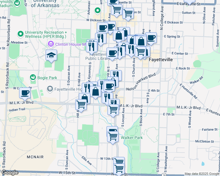 map of restaurants, bars, coffee shops, grocery stores, and more near 308 South West Avenue in Fayetteville