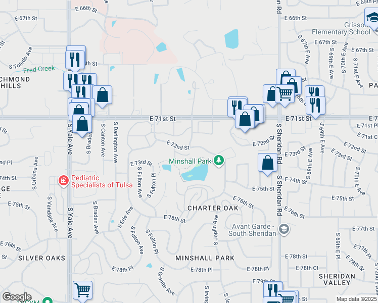 map of restaurants, bars, coffee shops, grocery stores, and more near 5743 East 72nd Place in Tulsa