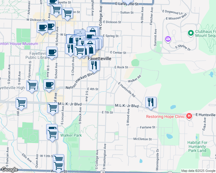 map of restaurants, bars, coffee shops, grocery stores, and more near 318 South Washington Avenue in Fayetteville
