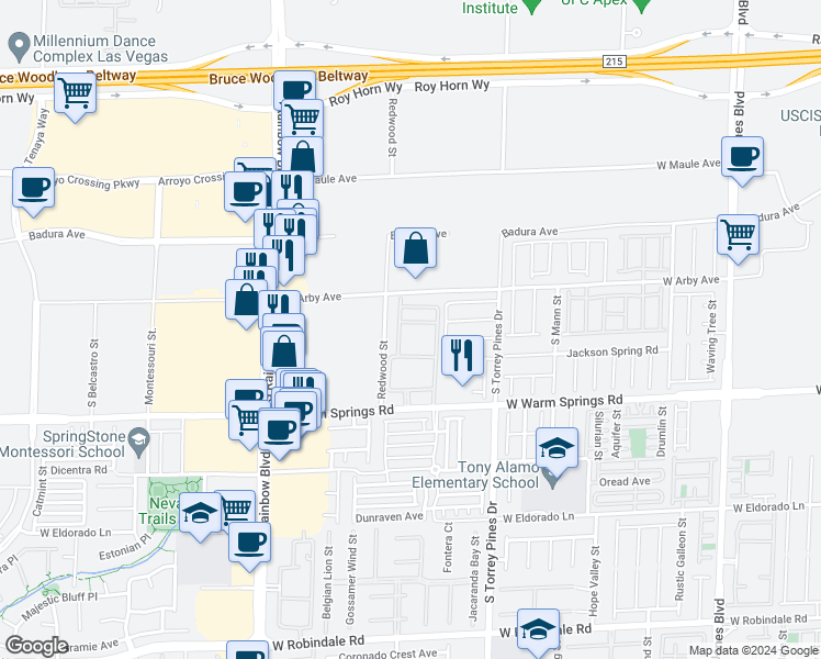 map of restaurants, bars, coffee shops, grocery stores, and more near 6650 West Warm Springs Road in Las Vegas