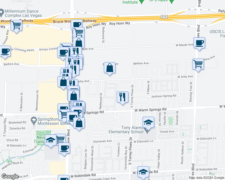 map of restaurants, bars, coffee shops, grocery stores, and more near 6650 West Warm Springs Road in Las Vegas