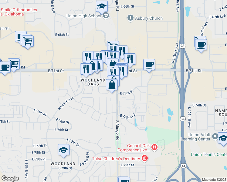 map of restaurants, bars, coffee shops, grocery stores, and more near 7116 S Mingo Rd in Tulsa