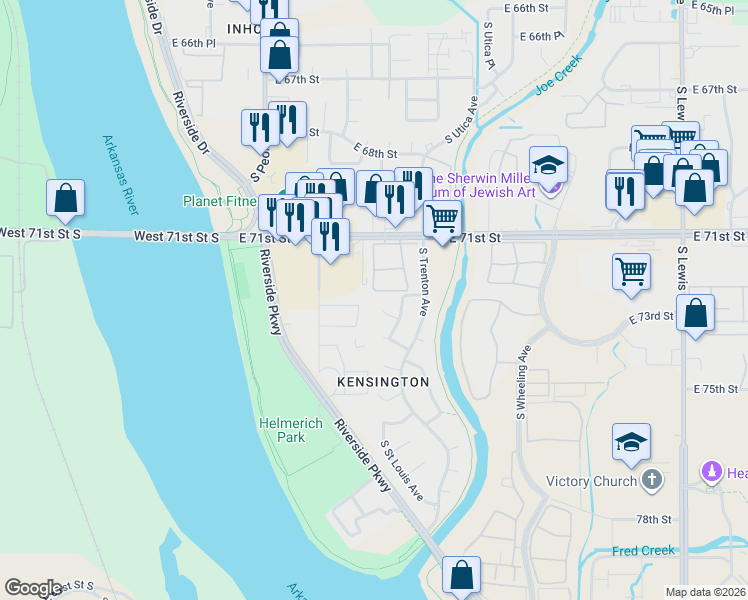 map of restaurants, bars, coffee shops, grocery stores, and more near 1515 East 73rd Place in Tulsa