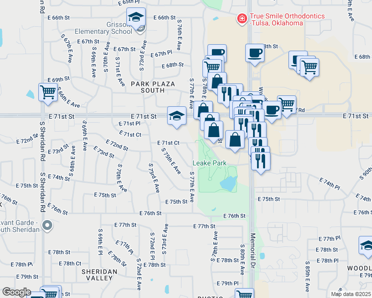map of restaurants, bars, coffee shops, grocery stores, and more near 7108 South 77th East Avenue in Tulsa