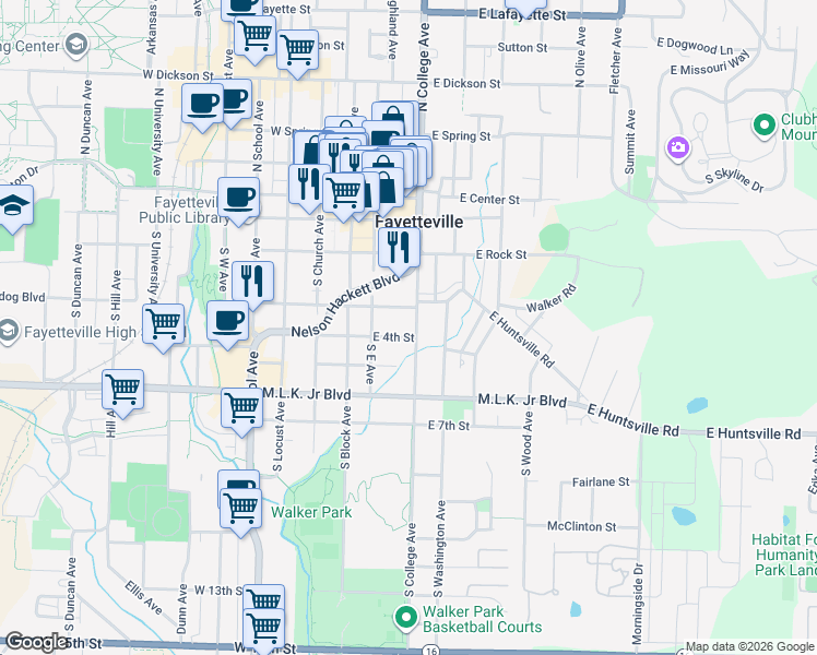 map of restaurants, bars, coffee shops, grocery stores, and more near 332-398 S College Ave in Fayetteville