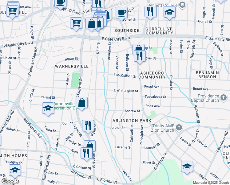 map of restaurants, bars, coffee shops, grocery stores, and more near 212 East Whittington Street in Greensboro