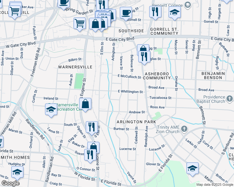 map of restaurants, bars, coffee shops, grocery stores, and more near 208 East Whittington Street in Greensboro