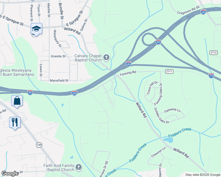 map of restaurants, bars, coffee shops, grocery stores, and more near 2404 Markwood Lane Southeast in Winston-Salem
