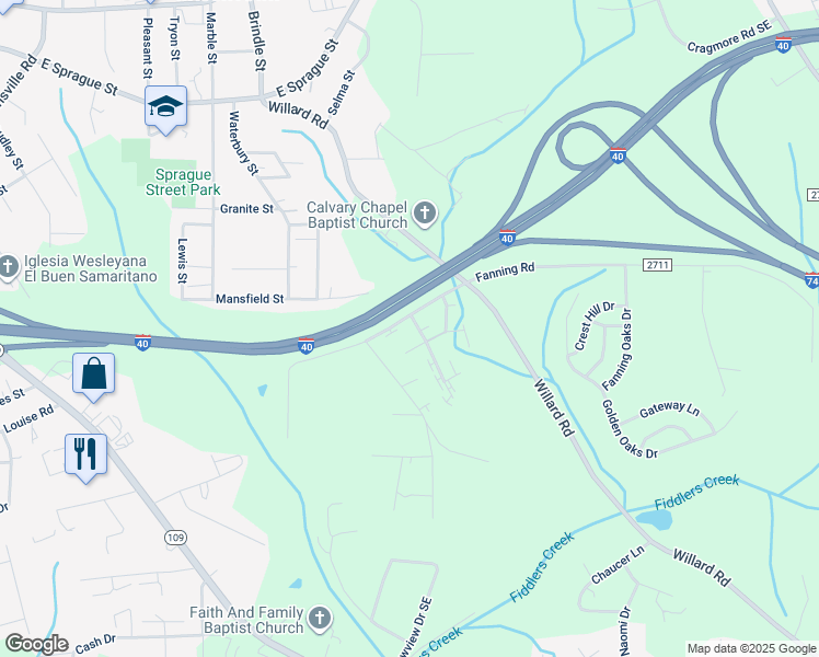 map of restaurants, bars, coffee shops, grocery stores, and more near 2501 Green Oaks Court Southeast in Winston-Salem