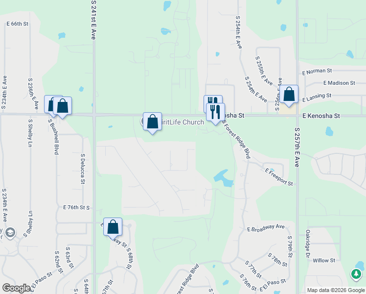 map of restaurants, bars, coffee shops, grocery stores, and more near 7203 South Warwick Street in Broken Arrow