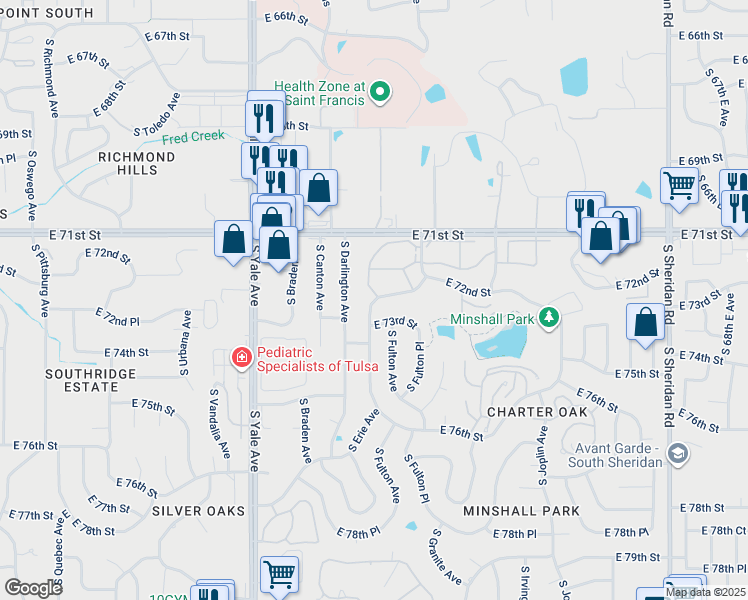 map of restaurants, bars, coffee shops, grocery stores, and more near 7208 South Erie Avenue in Tulsa