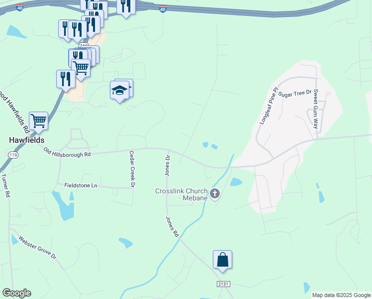 map of restaurants, bars, coffee shops, grocery stores, and more near 1151 Holmes Lane in Mebane