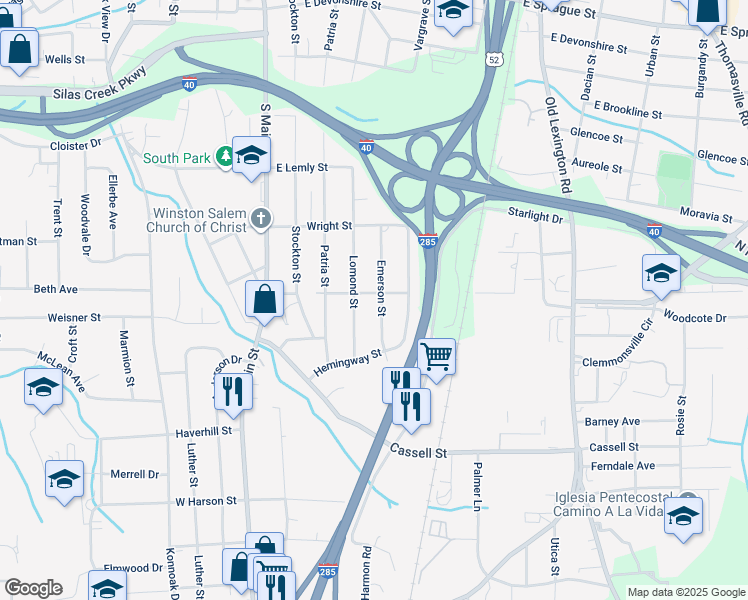 map of restaurants, bars, coffee shops, grocery stores, and more near 2900 Emerson Street in Winston-Salem