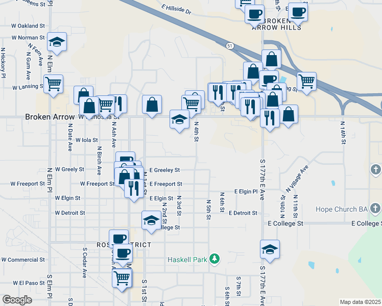 map of restaurants, bars, coffee shops, grocery stores, and more near 710 North 4th Street in Broken Arrow