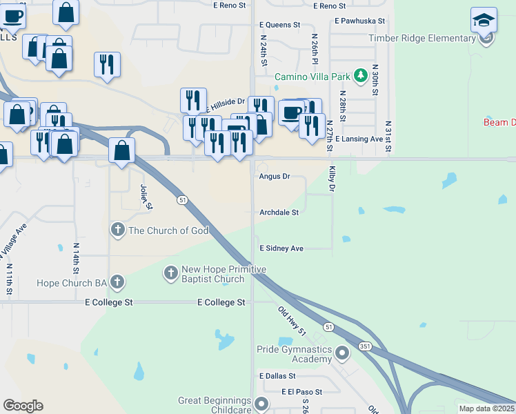 map of restaurants, bars, coffee shops, grocery stores, and more near 2002 Archdale Street in Broken Arrow