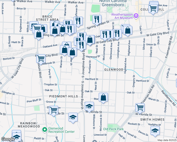 map of restaurants, bars, coffee shops, grocery stores, and more near 1006 Portland Street in Greensboro