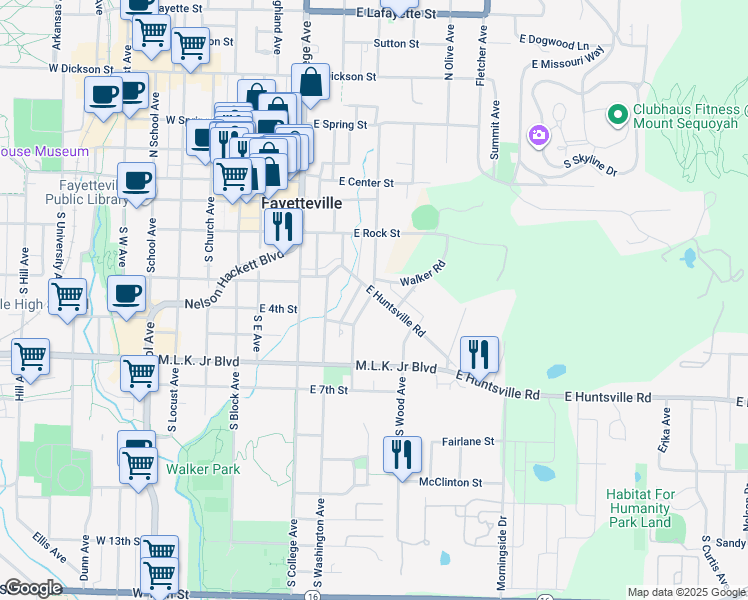 map of restaurants, bars, coffee shops, grocery stores, and more near 301 Martin Luther King Junior Boulevard in Fayetteville