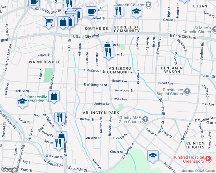 map of restaurants, bars, coffee shops, grocery stores, and more near 900 Martin Luther King Junior Drive in Greensboro