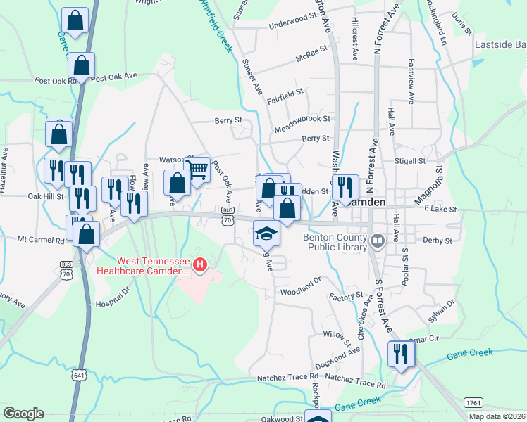 map of restaurants, bars, coffee shops, grocery stores, and more near 168 West Main Street in Camden