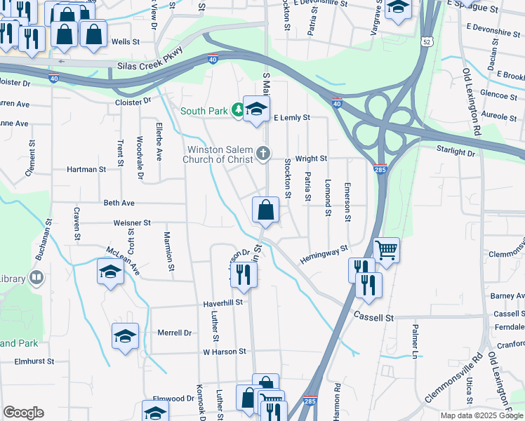 map of restaurants, bars, coffee shops, grocery stores, and more near 2900 South Main Street in Winston-Salem