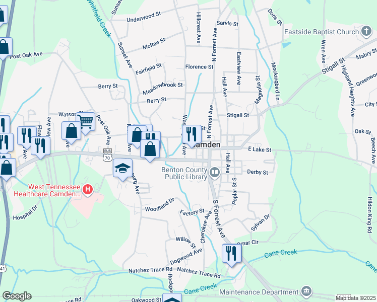 map of restaurants, bars, coffee shops, grocery stores, and more near 127 West Lake Street in Camden