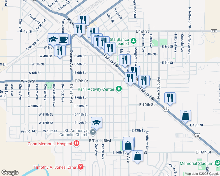 map of restaurants, bars, coffee shops, grocery stores, and more near 609 East 8th Street in Dalhart