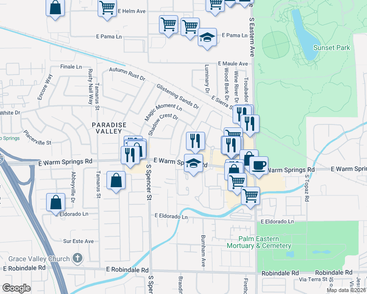 map of restaurants, bars, coffee shops, grocery stores, and more near 7220 Paradise Bay Drive in Las Vegas
