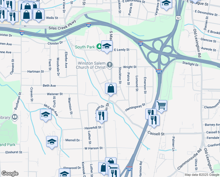 map of restaurants, bars, coffee shops, grocery stores, and more near 2900 South Main Street in Winston-Salem