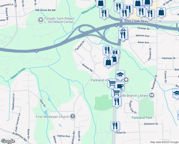 map of restaurants, bars, coffee shops, grocery stores, and more near 1341 Brewer Road in Winston-Salem