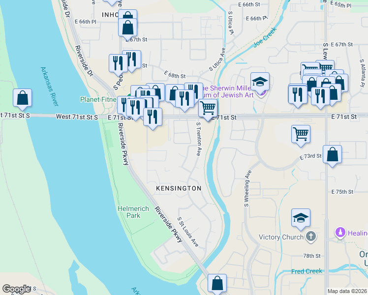 map of restaurants, bars, coffee shops, grocery stores, and more near 7304 South Saint Louis Avenue in Tulsa