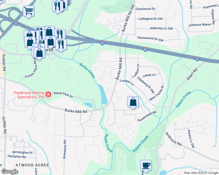 map of restaurants, bars, coffee shops, grocery stores, and more near 2909 Burke Place Court in Winston-Salem