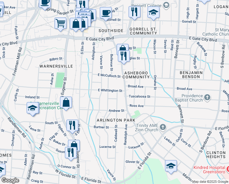 map of restaurants, bars, coffee shops, grocery stores, and more near 410 East Whittington Street in Greensboro