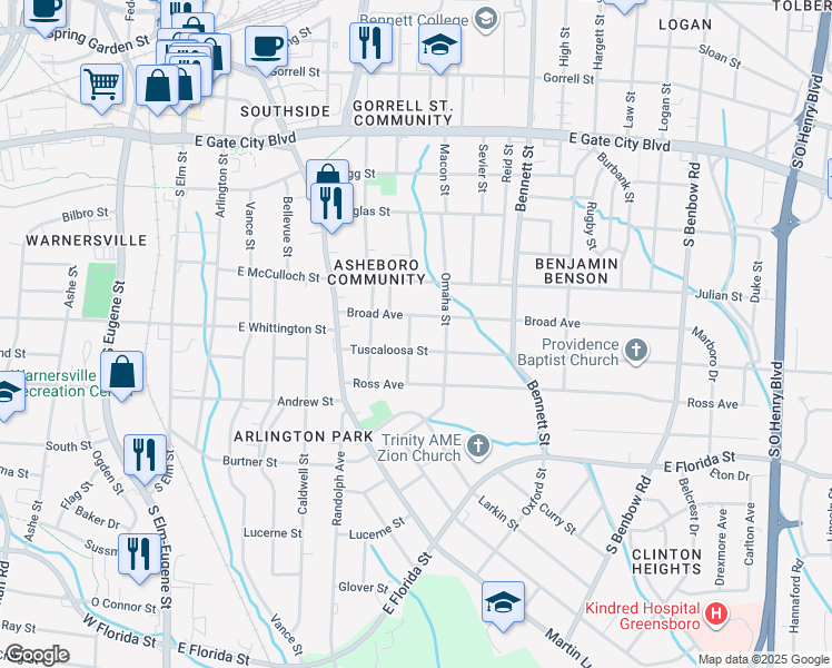 map of restaurants, bars, coffee shops, grocery stores, and more near 1111 Martin Street in Greensboro
