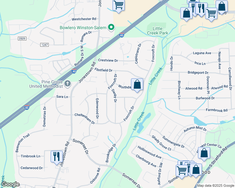 map of restaurants, bars, coffee shops, grocery stores, and more near 201 Montpelier Drive in Winston-Salem