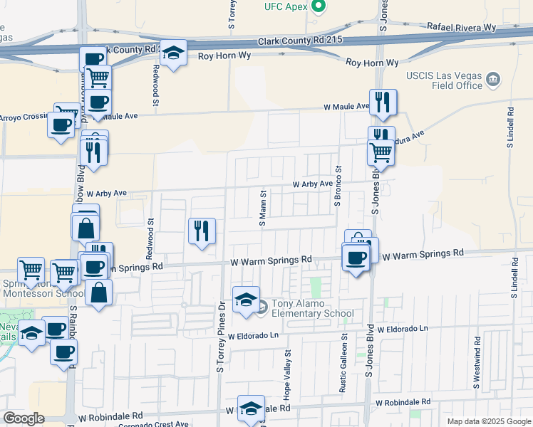 map of restaurants, bars, coffee shops, grocery stores, and more near 49 South Mann Street in Las Vegas