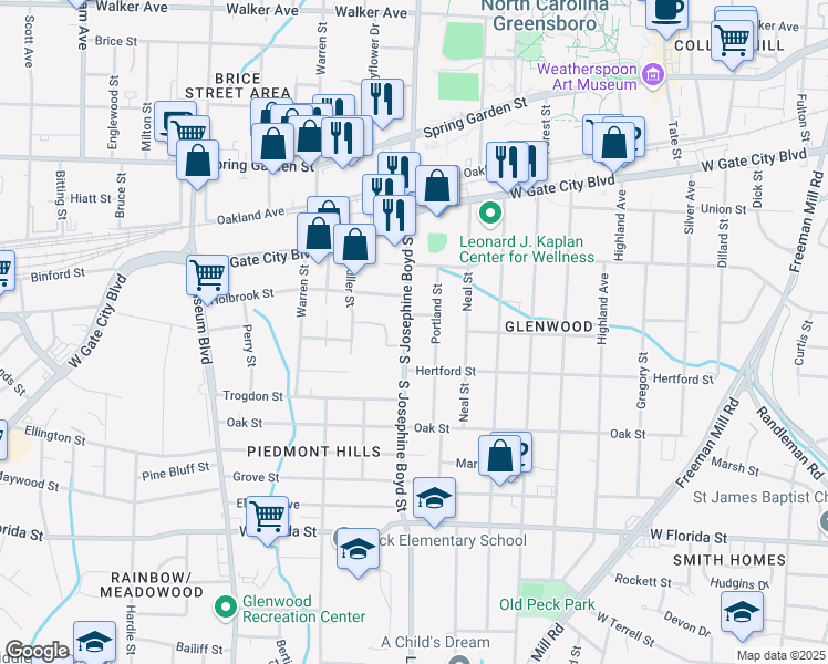 map of restaurants, bars, coffee shops, grocery stores, and more near 1019 South Josephine Boyd Street in Greensboro
