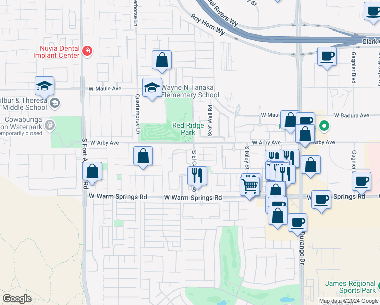 map of restaurants, bars, coffee shops, grocery stores, and more near 9050 West Warm Springs Road in Las Vegas