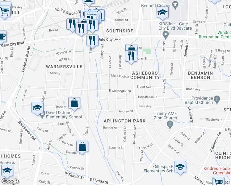 map of restaurants, bars, coffee shops, grocery stores, and more near 308 East Whittington Street in Greensboro