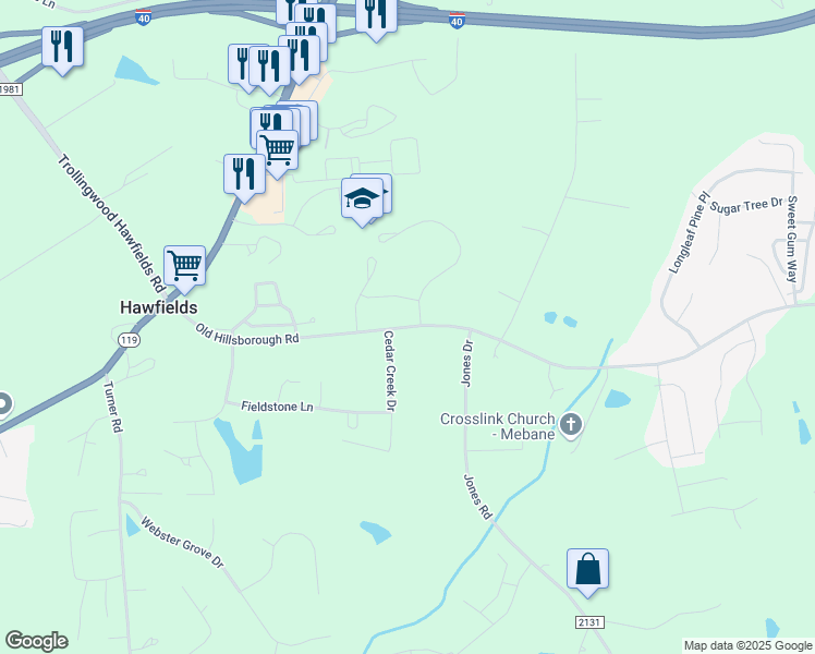 map of restaurants, bars, coffee shops, grocery stores, and more near 3224 Old Hillsborough Road in Mebane