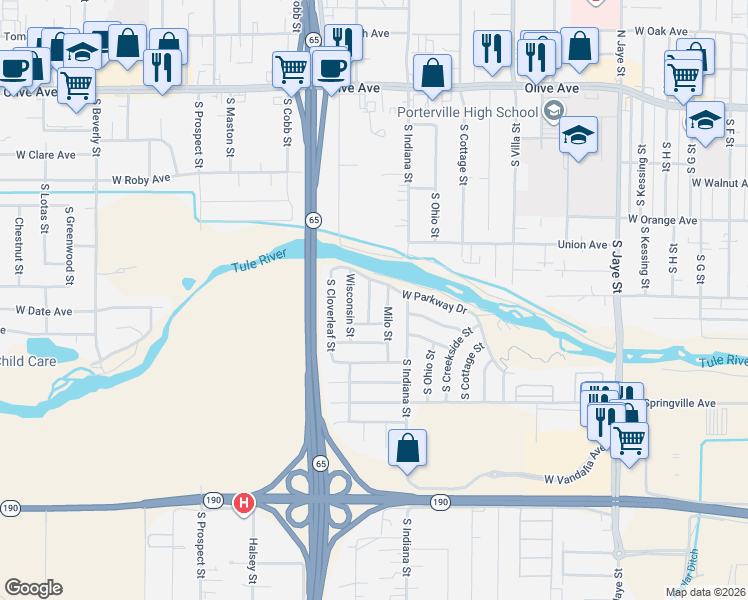 map of restaurants, bars, coffee shops, grocery stores, and more near 501 Bay Oak Street in Porterville