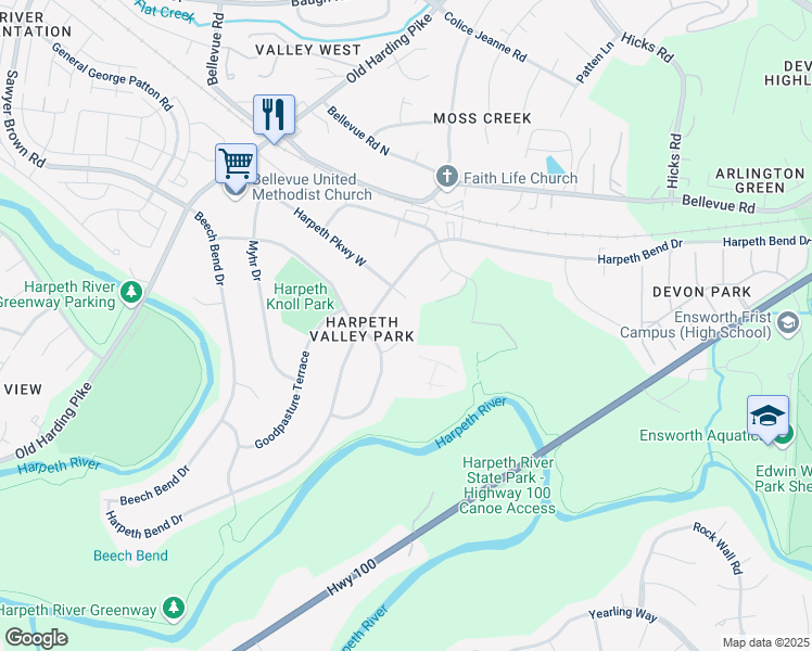 map of restaurants, bars, coffee shops, grocery stores, and more near 700 Harpeth Knoll Court in Nashville