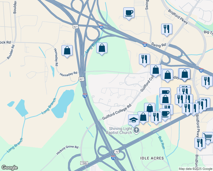 map of restaurants, bars, coffee shops, grocery stores, and more near 5669 Hornaday Road in Greensboro