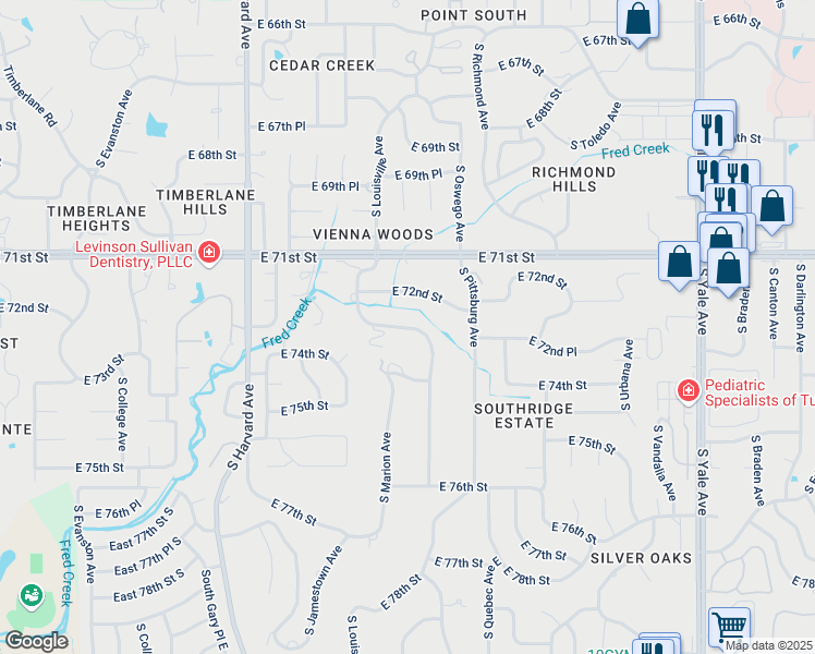 map of restaurants, bars, coffee shops, grocery stores, and more near 7345 South Oswego Avenue in Tulsa